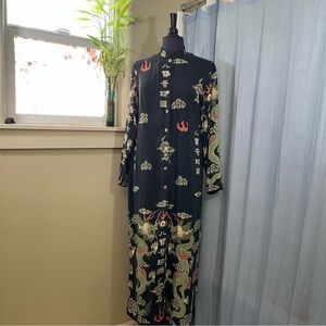 Long silk tunic top with dragon print